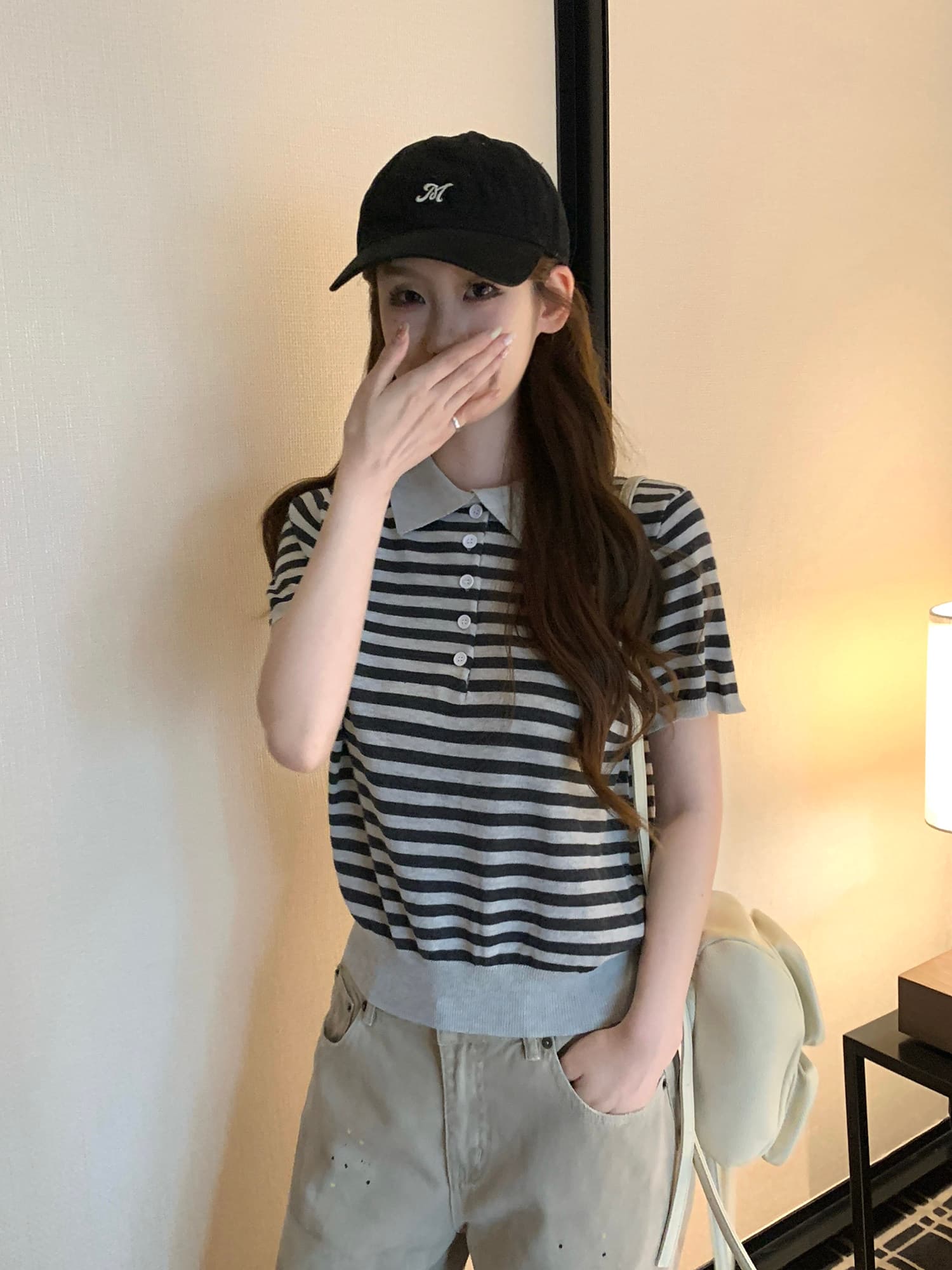 2026 슈퍼 화재 연령 감소 스트라이프 polo 폴로 칼라 니트 반팔 티셔츠 여성 여름 루즈핏 표지 배 슬림해 보이는 맨위 상세 이미지 11