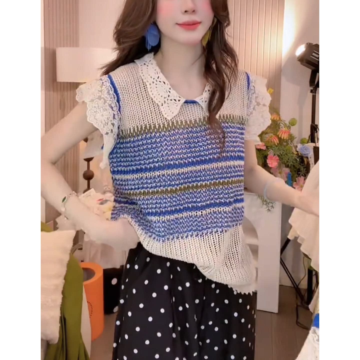 패션 레이스 조각 얼음 아마 니트 스트라이프 반팔 티셔츠 루즈핏 라운드 넥 여름 홀로우 아웃 루즈핏 맨위 여성 이미지 5