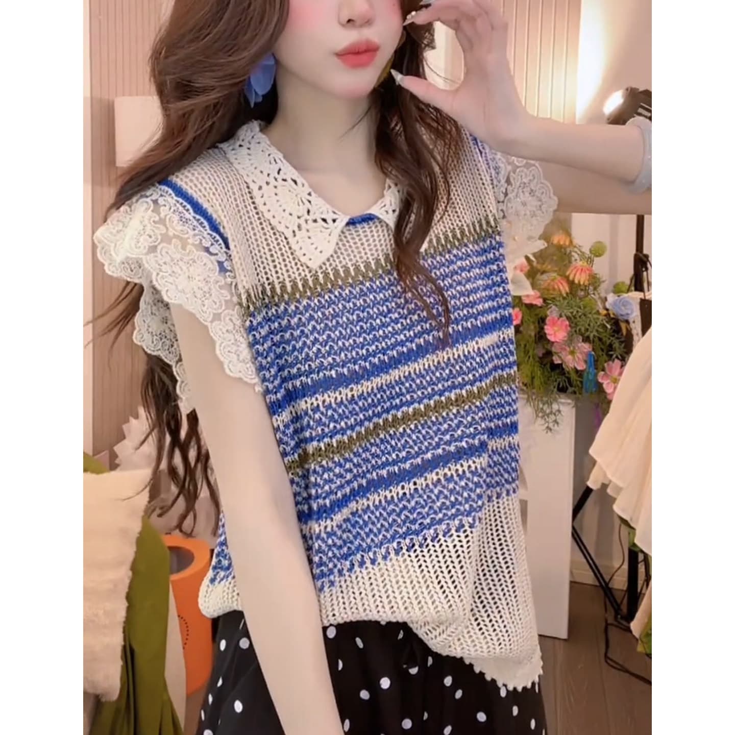 패션 레이스 조각 얼음 아마 니트 스트라이프 반팔 티셔츠 루즈핏 라운드 넥 여름 홀로우 아웃 루즈핏 맨위 여성 상세 이미지 1