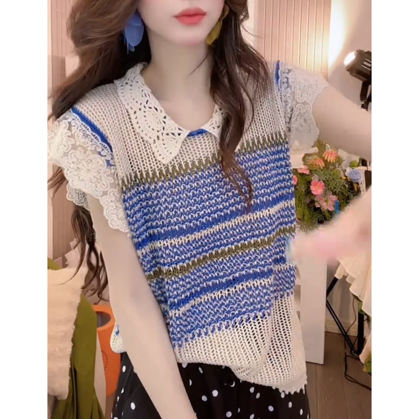 패션 레이스 조각 얼음 아마 니트 스트라이프 반팔 티셔츠 루즈핏 라운드 넥 여름 홀로우 아웃 루즈핏 맨위 여성 상세 이미지 3