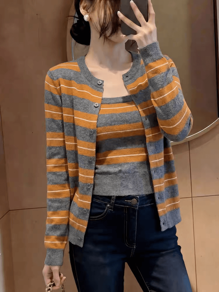 한 부서 주황색 스트라이프 스택 착용 니트 오픈 가디건 여성 조기 봄 디자인 센스 스웨터 코트 외부 가져 가라. 두 조각 스타일 맨위 이미지 2