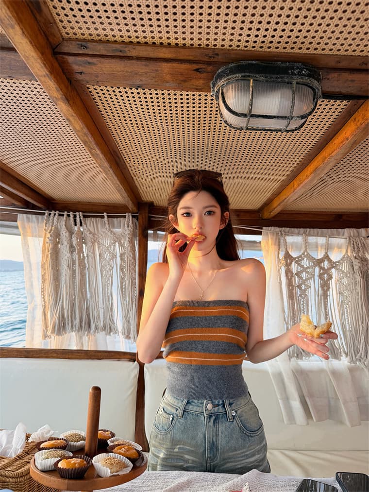 miu 부서 세련된 슈퍼 색상 일치 회색 주황색 스트라이프 니트 튜브탑 오픈 가디건 세련된 2026 가을 겨울 투피스 세트 상세 이미지 7