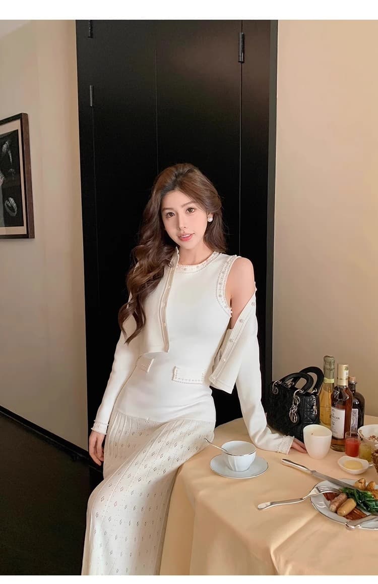 2026 년 프랑스식 니트 패치워크 진주 칼라 조끼 스커트 여성 봄 빛 럭셔리 고급 센스 품격 허리 수축 드레스 상세 이미지 5