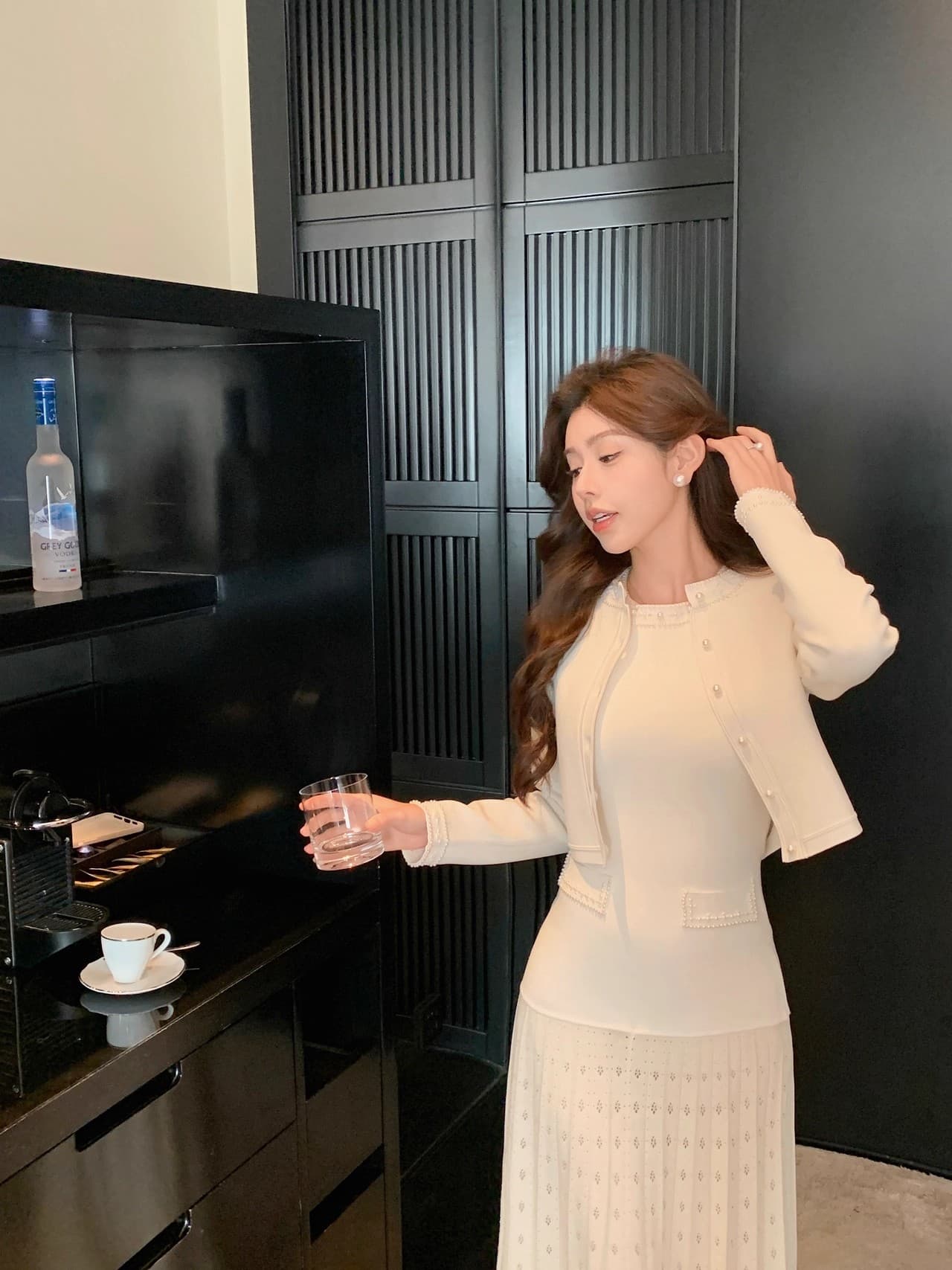 2026 년 프랑스식 니트 패치워크 진주 칼라 조끼 스커트 여성 봄 빛 럭셔리 고급 센스 품격 허리 수축 드레스 상세 이미지 11