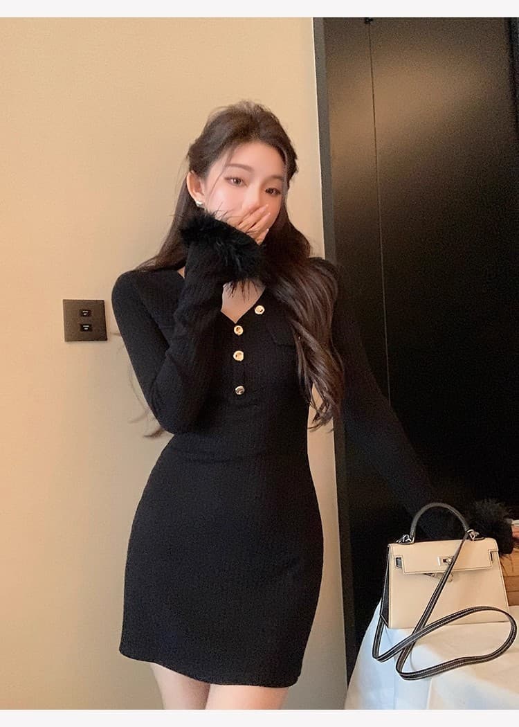 치우 고기 야오 화이트 털 머리 소매 샤오시엔 V넥 니트 여성 드레스 가을 새로운 몸매 가꾸기 품격 타이트 스커트 이미지 2