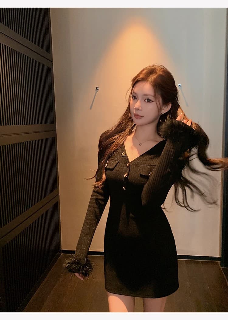 치우 고기 야오 화이트 털 머리 소매 샤오시엔 V넥 니트 여성 드레스 가을 새로운 몸매 가꾸기 품격 타이트 스커트 상세 이미지 21