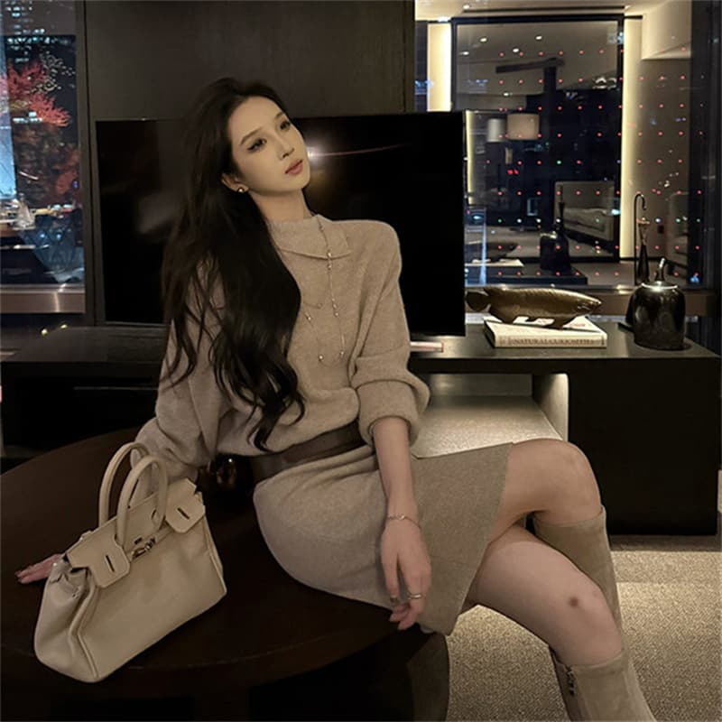 품격 허리 수축 타이트 스커트 스웨터 치마 2026 가을 겨울 새로운 몸매 가꾸기 인사이드 가져 가라. 니트 드레스 벨트 포함 이미지 5