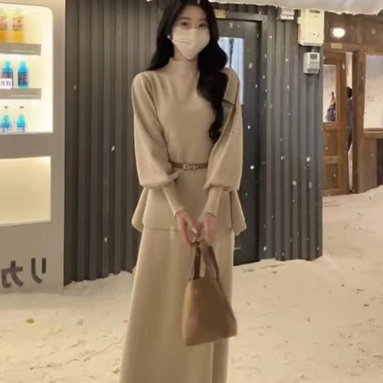 2026 새로운 한 부서 느긋한 바람 착용 가져 가라. 니트 드레스 아이들 고급 센스 허리 수축 세트 롱 스커트 벨트 포함