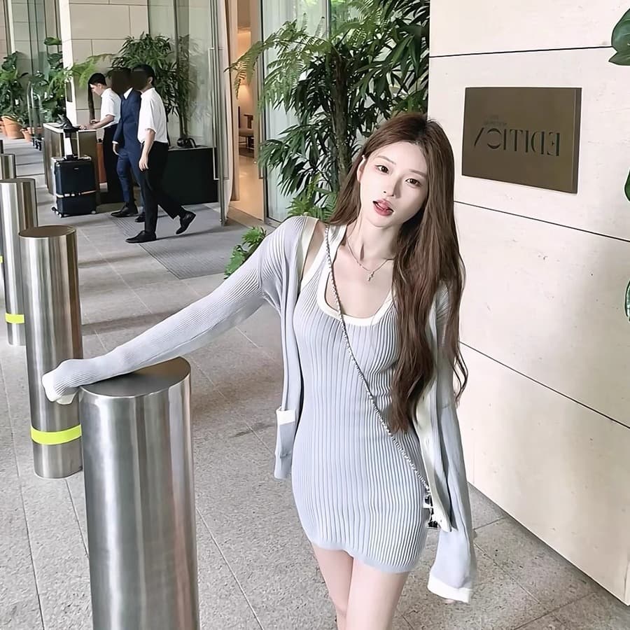 oolline 숲 희 빛 산소 일상 coco beach 시리즈 감기 니트 티셔츠 반 스커트 조끼 스커트