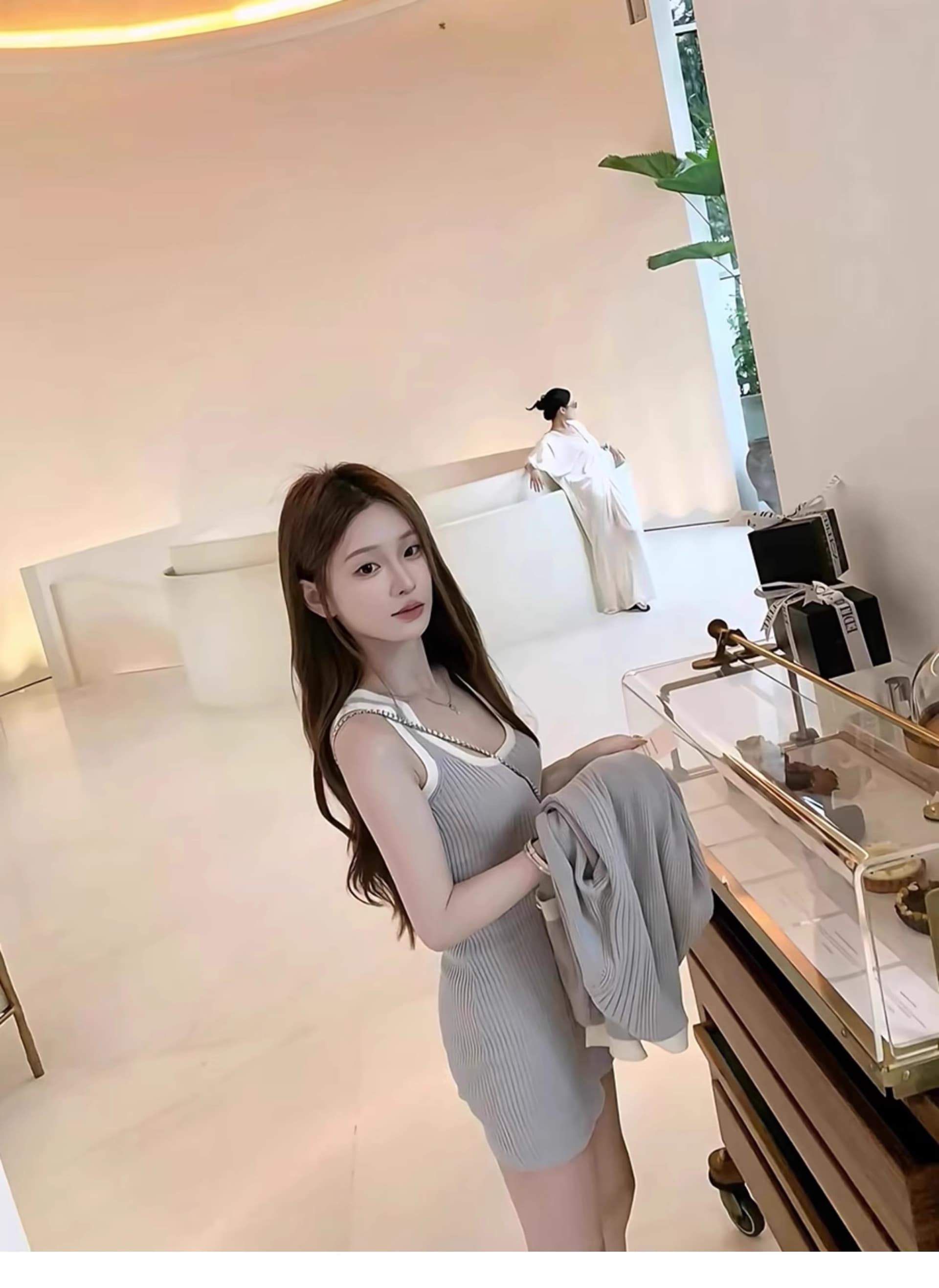 oolline 숲 희 빛 산소 일상 coco beach 시리즈 감기 니트 티셔츠 반 스커트 조끼 스커트 상세 이미지 3