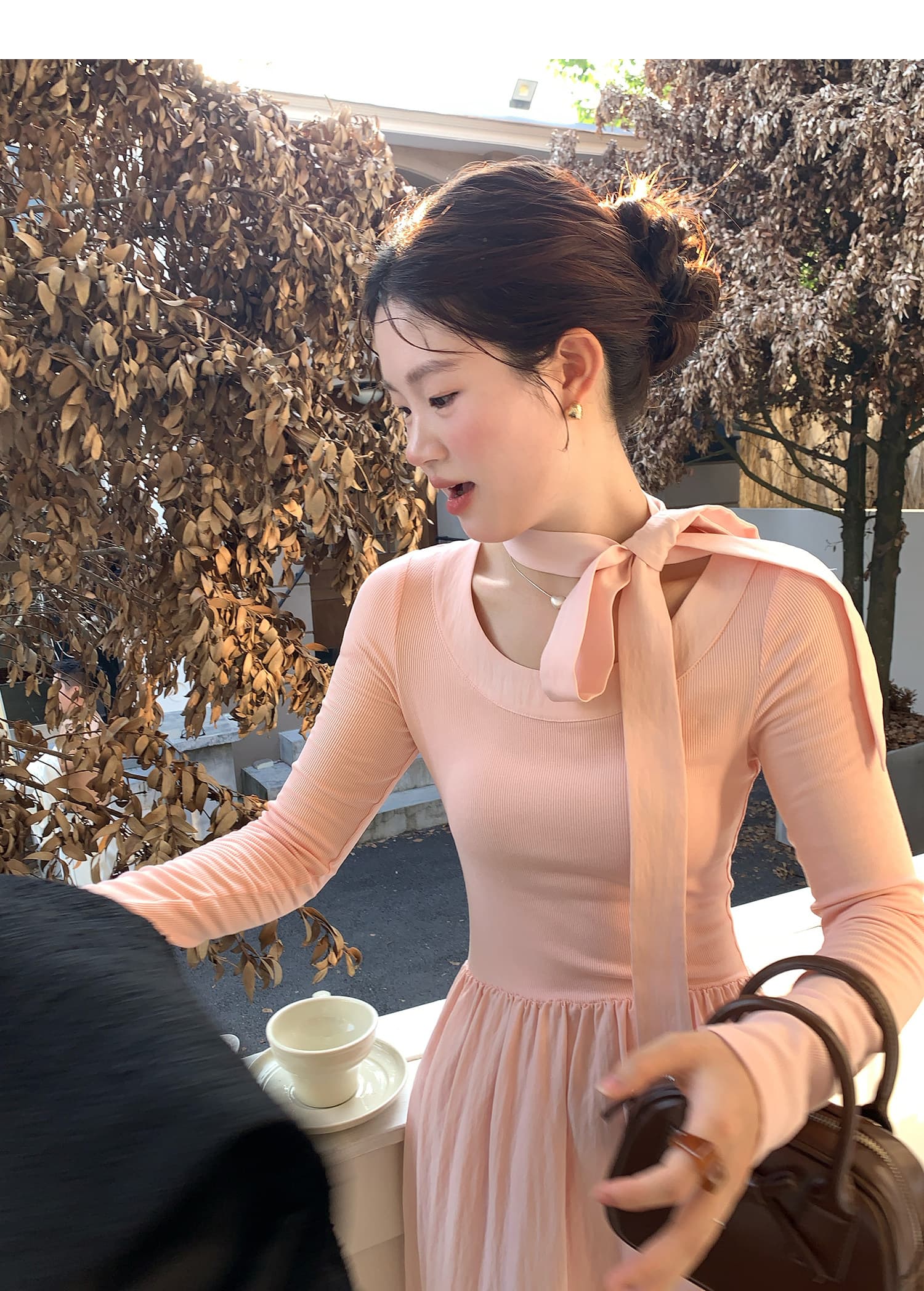 화재 화재 화재 우유 서리 복숭아 복숭아 한국 스타일 행침 목 니트 긴 소매 여성 드레스 부드러운 바람 허리 수축 봄 드레스 롱 스커트 상세 이미지 12