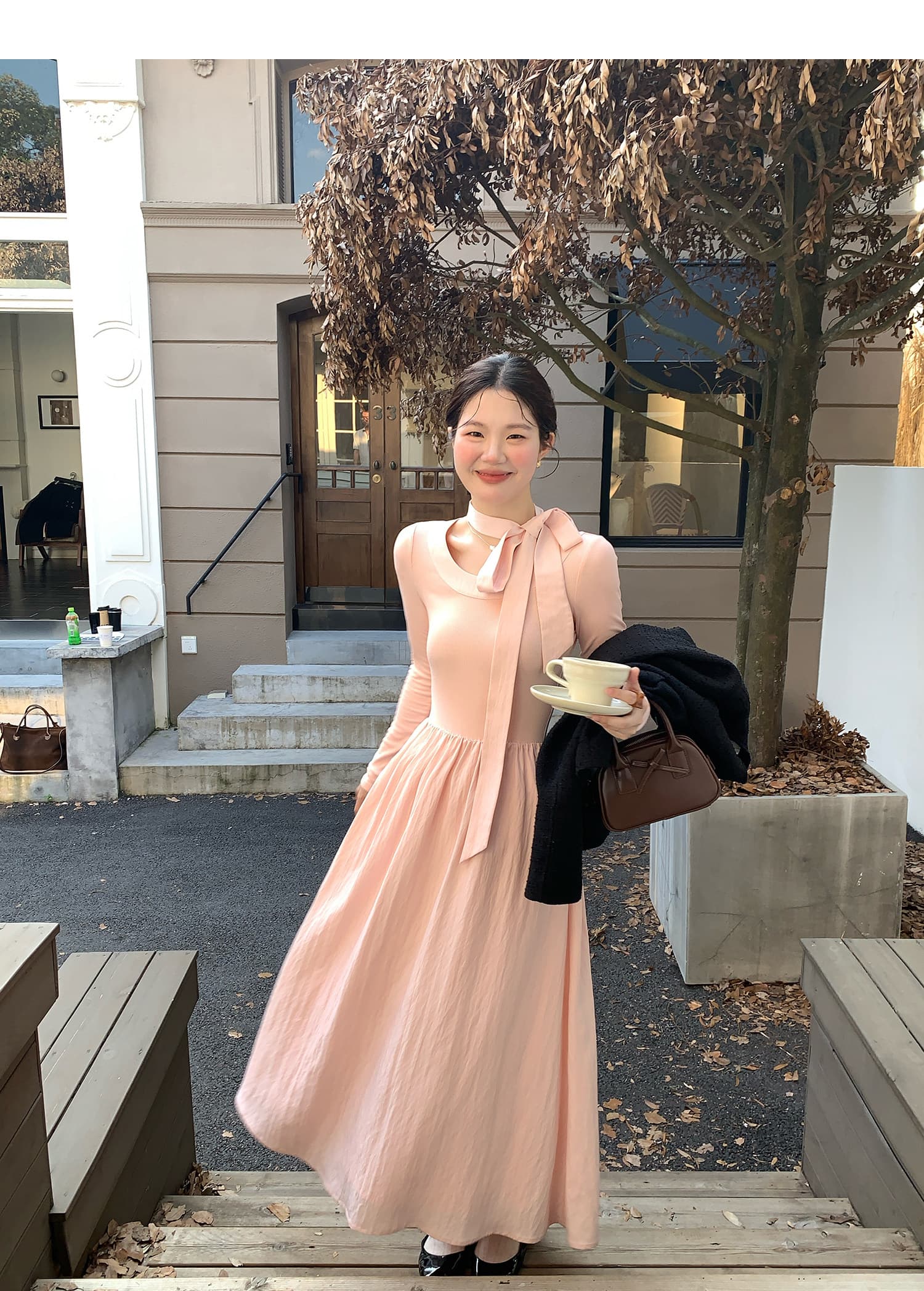 화재 화재 화재 우유 서리 복숭아 복숭아 한국 스타일 행침 목 니트 긴 소매 여성 드레스 부드러운 바람 허리 수축 봄 드레스 롱 스커트 상세 이미지 15
