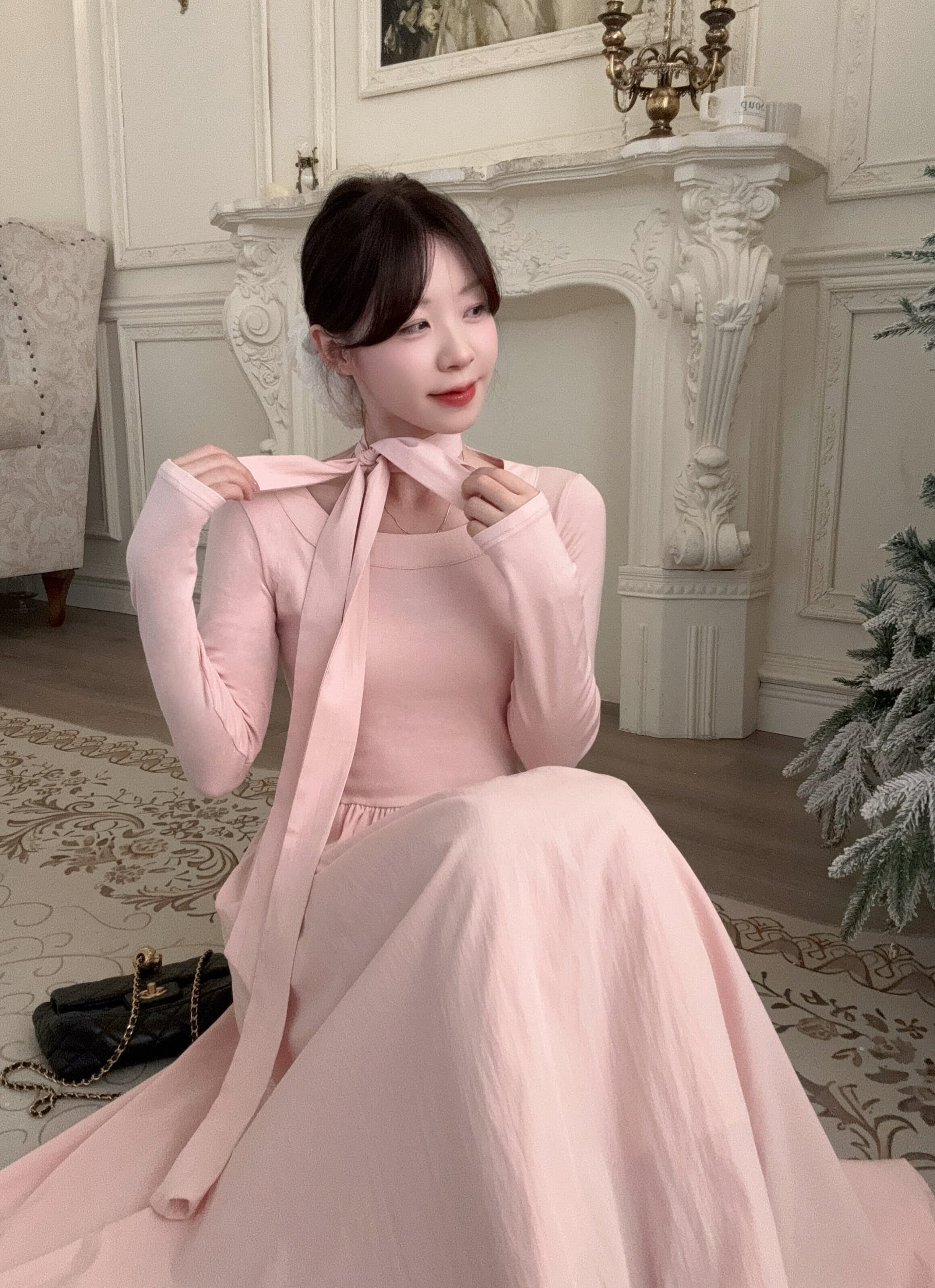 부드러운 바람 핑크색 라운드 넥 나비 매듭 긴팔 여성 드레스 가을 새로운 허리 수축 Chic 롱 스커트 이미지 3