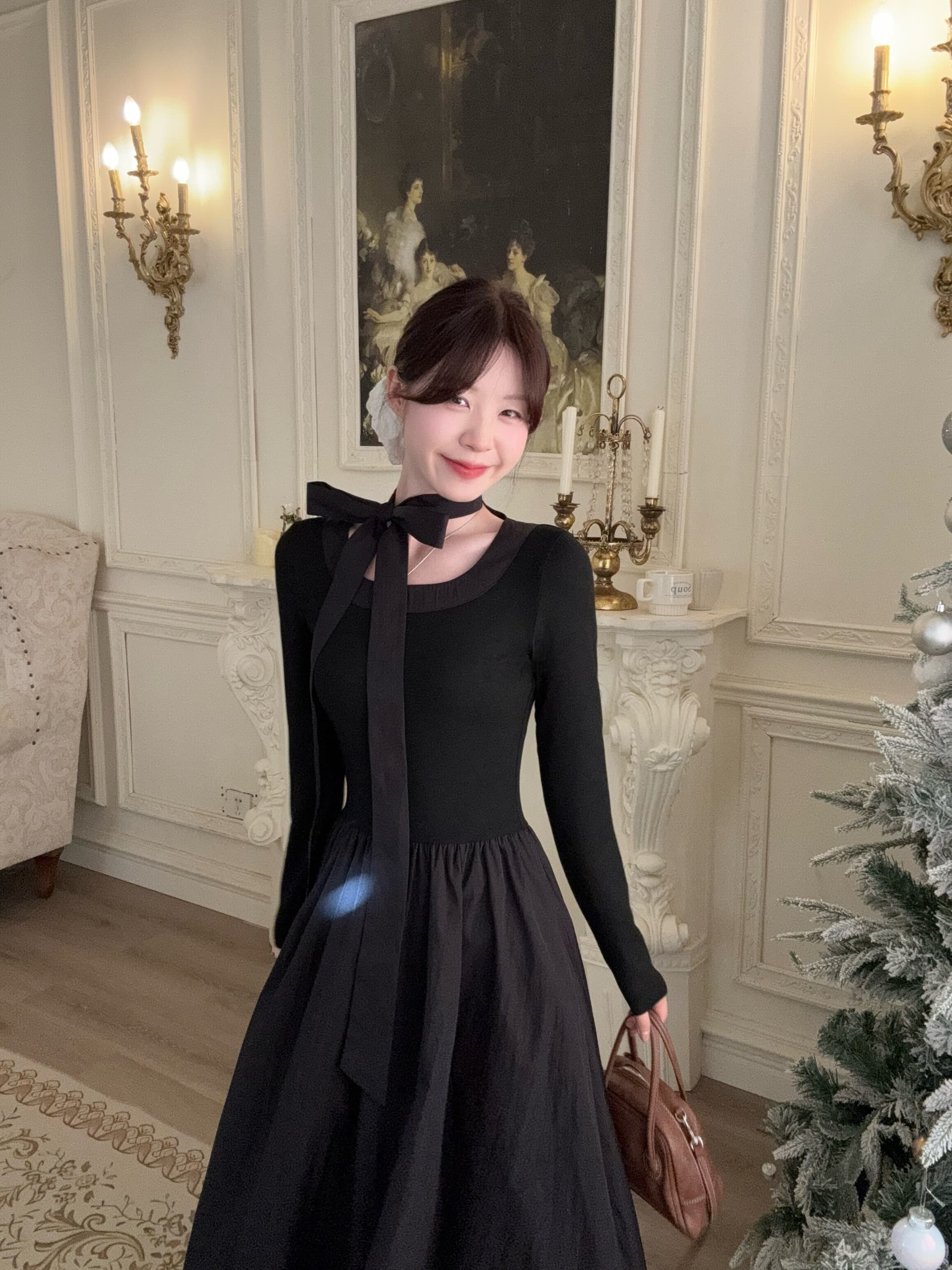 부드러운 바람 핑크색 라운드 넥 나비 매듭 긴팔 여성 드레스 가을 새로운 허리 수축 Chic 롱 스커트 상세 이미지 9