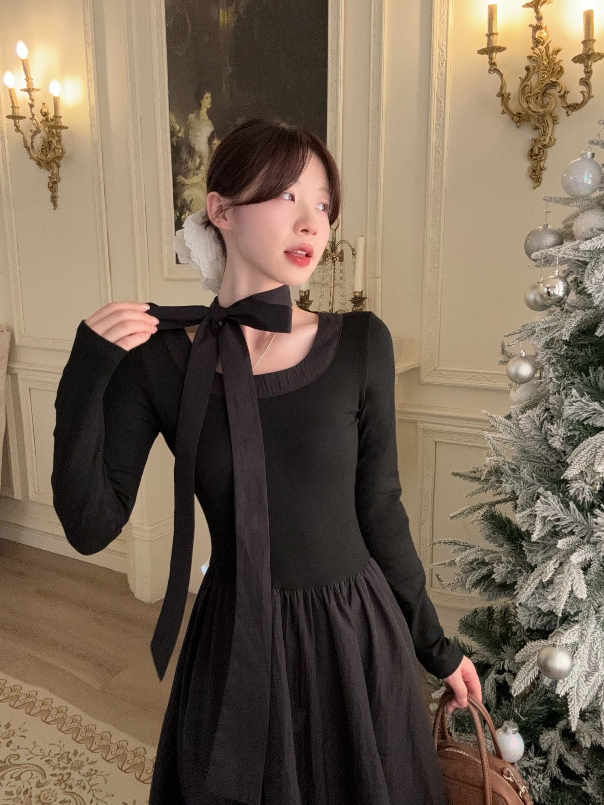 부드러운 바람 핑크색 라운드 넥 나비 매듭 긴팔 여성 드레스 가을 새로운 허리 수축 Chic 롱 스커트 상세 이미지 20