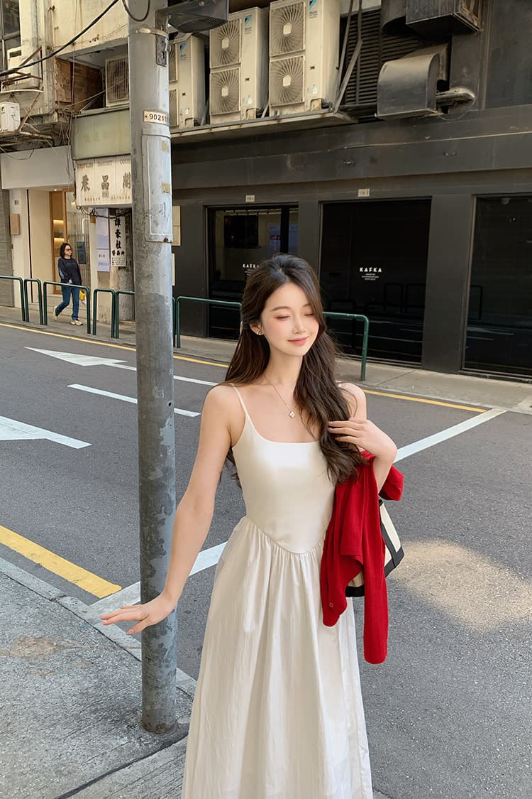 부드러운 바람 작은 키 프랑스식 광장 칼라 슬립 드레스 봄 여성 허리 수축 a 단어 길이 치마 상세 이미지 9