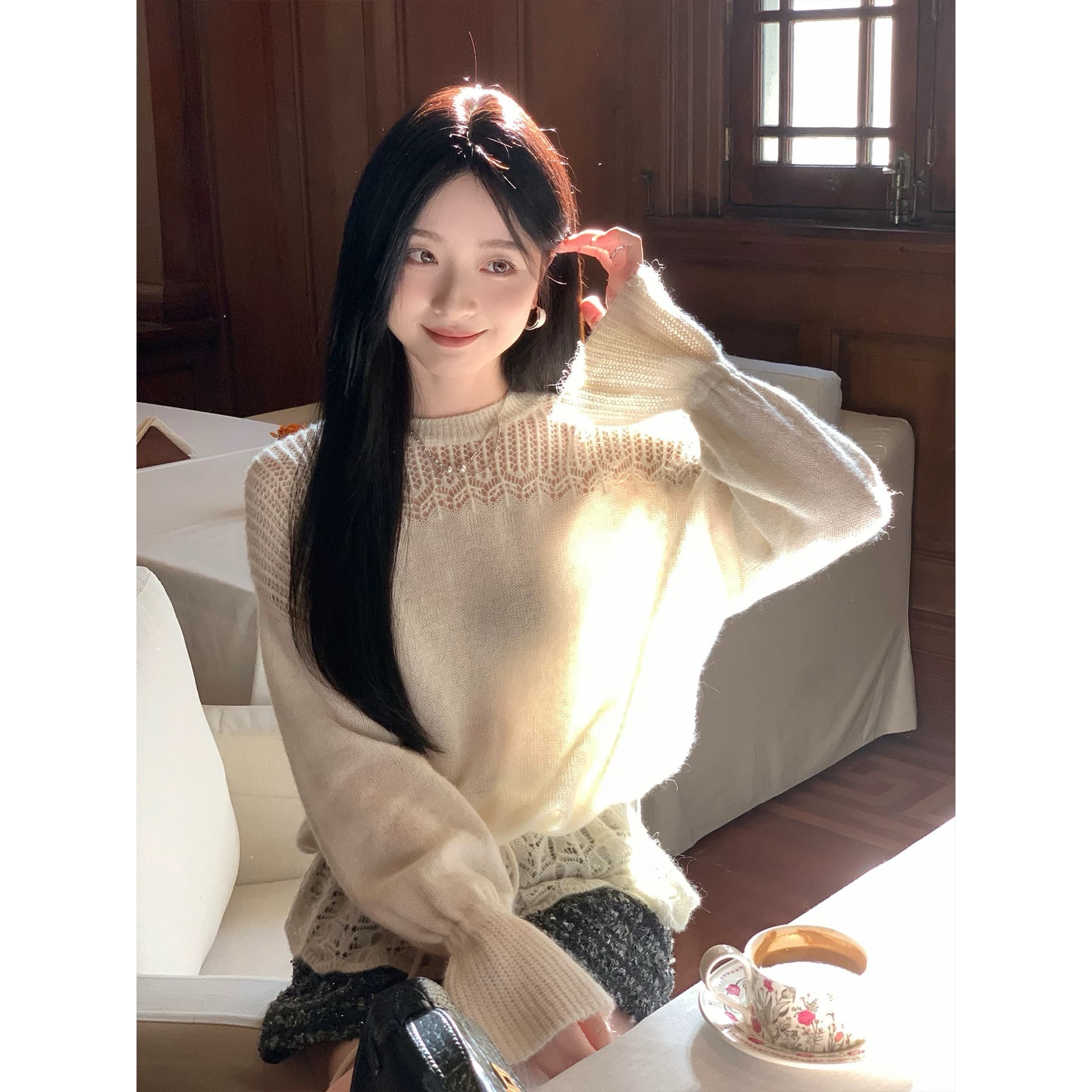 한 부서 달콤함 느슨함 센스 화이트 라운드 넥 니트 스웨터 2026 새로운 디자인 센스 홀로우 아웃 다용도 맨위 이미지 4