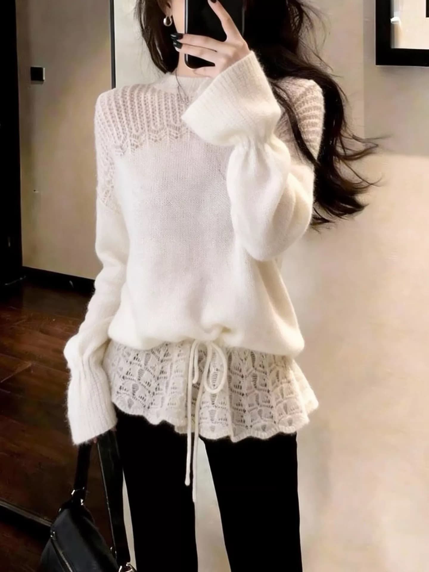 한 부서 달콤함 느슨함 센스 화이트 라운드 넥 니트 스웨터 2026 새로운 디자인 센스 홀로우 아웃 다용도 맨위 이미지 3