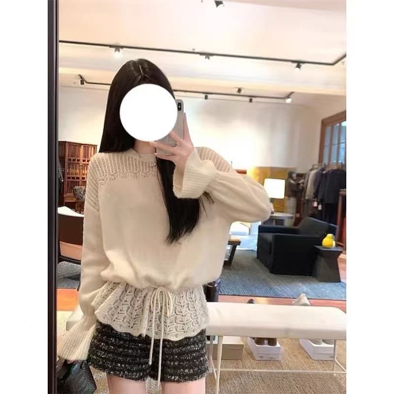 한 부서 달콤함 느슨함 센스 화이트 라운드 넥 니트 스웨터 2026 새로운 디자인 센스 홀로우 아웃 다용도 맨위 상세 이미지 2