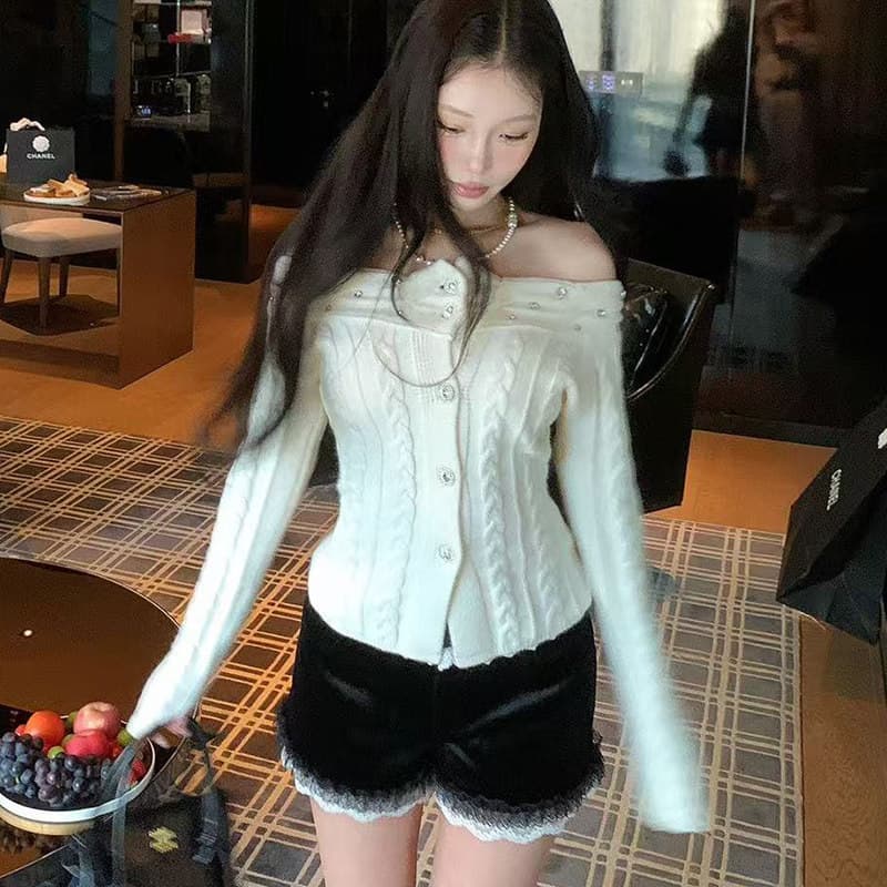 한 부서 달콤한 매운맛 바람 오프숄더 못 훈련 부드러운 찹쌀 꽈배기 스웨터 여성 겨울 새로운 허리 수축 슬림해 보이는 니트 오픈 가디건 맨위 상세 이미지 2