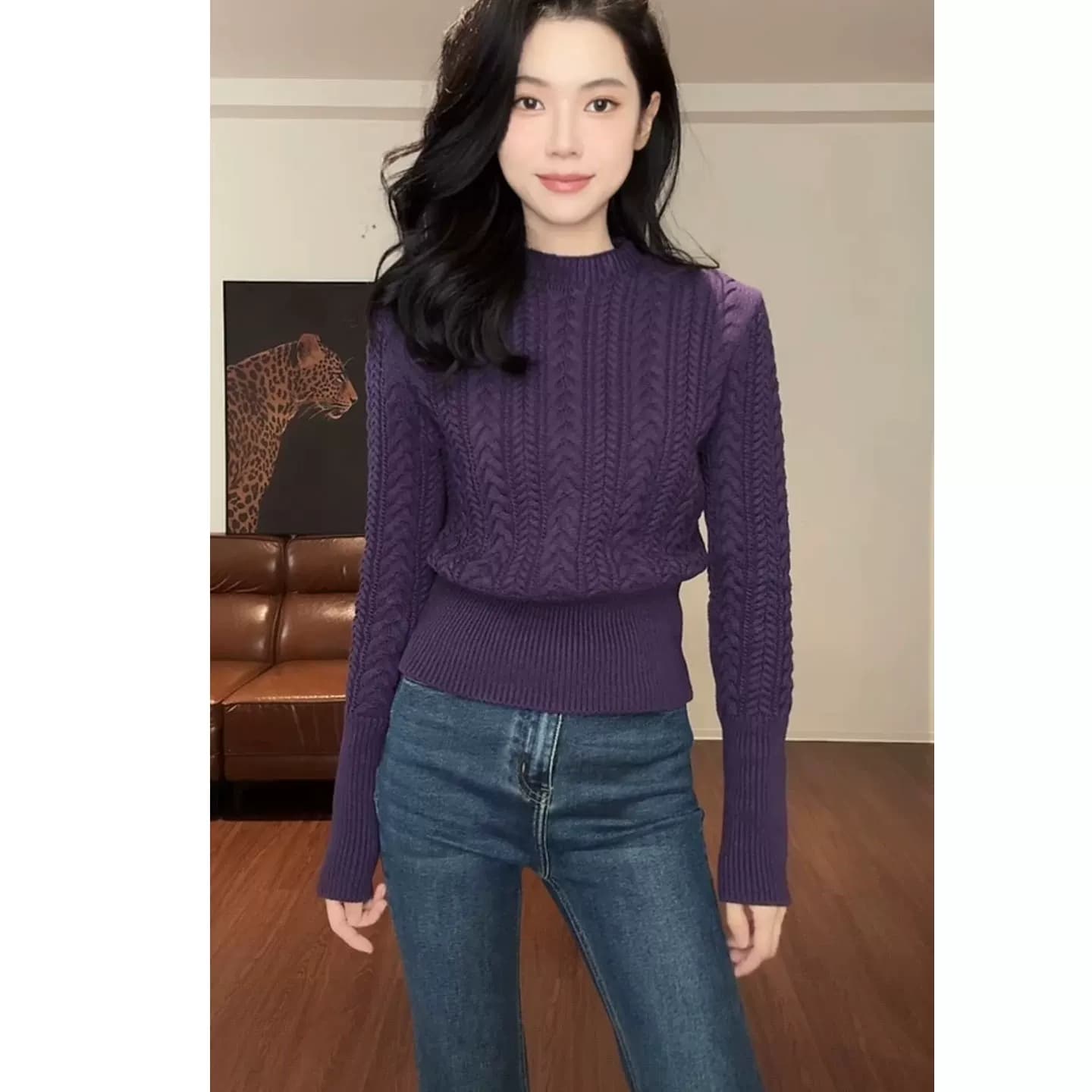 화이트 풀오버 꽈배기 스웨터 여자 가을 겨울 인사이드 가져 가라. 수 있습니다. 외출용 두꺼운 느긋한 바람 허리 수축 슬림해 보이는 니트 스웨터 맨위 상세 이미지 1
