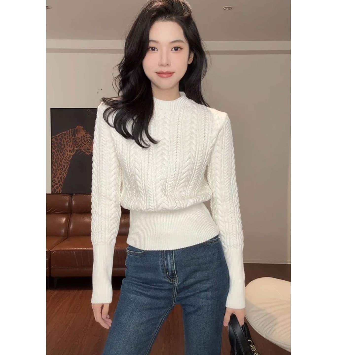 화이트 풀오버 꽈배기 스웨터 여자 가을 겨울 인사이드 가져 가라. 수 있습니다. 외출용 두꺼운 느긋한 바람 허리 수축 슬림해 보이는 니트 스웨터 맨위 상세 이미지 2
