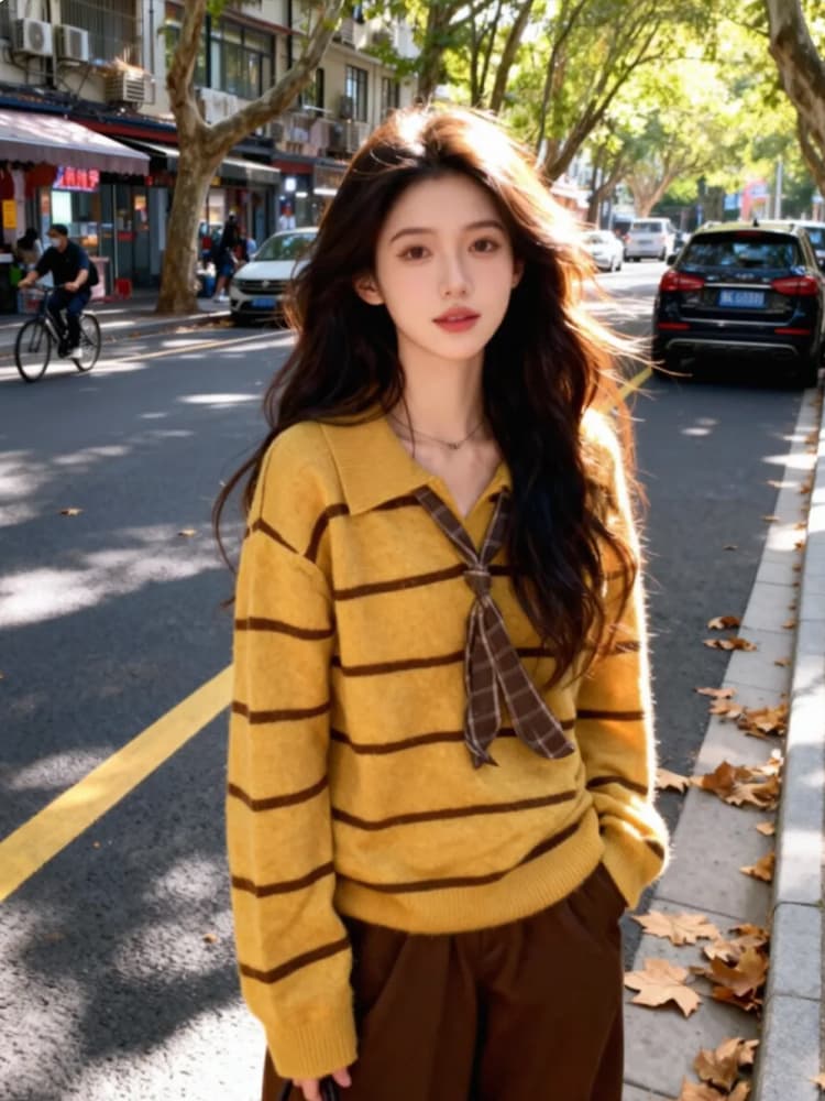 인사이드 가져 가라. 스웨터 여자 황색 두꺼운 니트 스웨터 맨위 봄 아름다움 라드. 착용 가져 가라. POLO 칼라 스웨터 상세 이미지 7