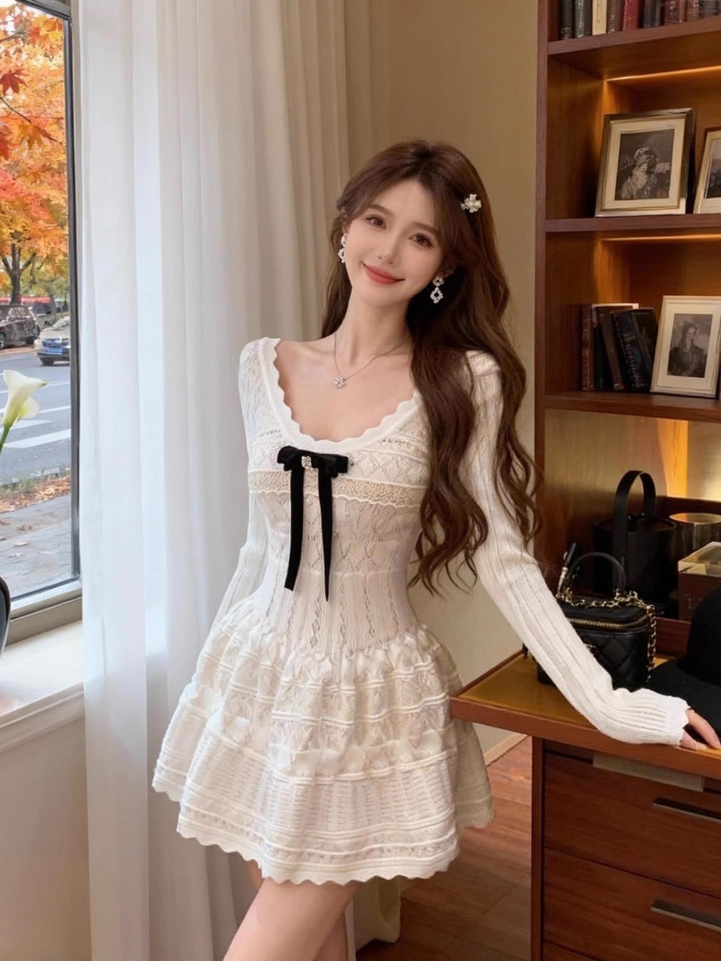 천 금빛 바람 화이트 긴팔 니트 여성 드레스 2026 봄 가을 새로운 나비 매듭 허리 수축 우아함 품격 치마 상세 이미지 3