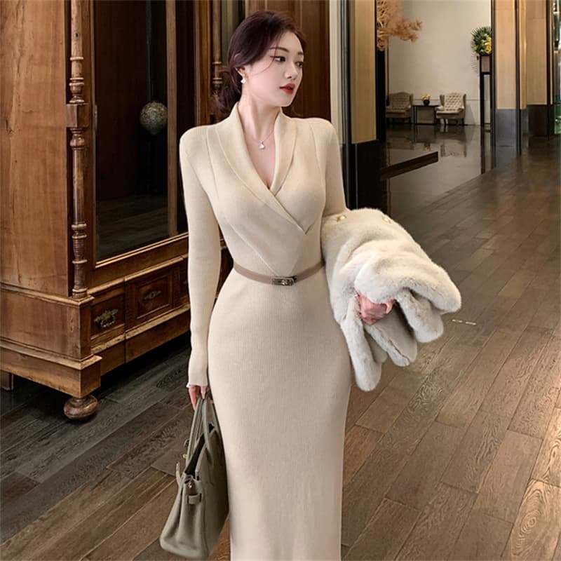 린 닫기 V넥 니트 타이트 스커트 여성 드레스 가을 겨울 프랑스식 사소한 품격 긴팔 스웨터 드레스 몸매 가꾸기 롱 스커트 이미지 6