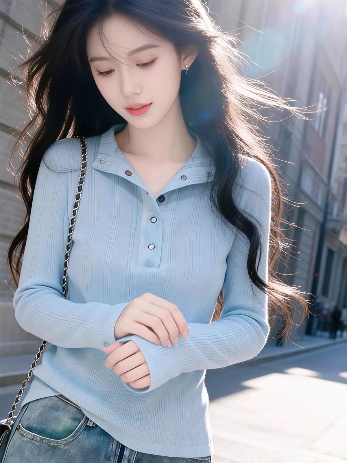 헨리 칼라 긴팔 티셔츠 여성 조기 가을 디자인 센스 몸매 가꾸기 슬림해 보이는 부드러운 순수한 욕망 외출용 만나는 맨위 상세 이미지 5