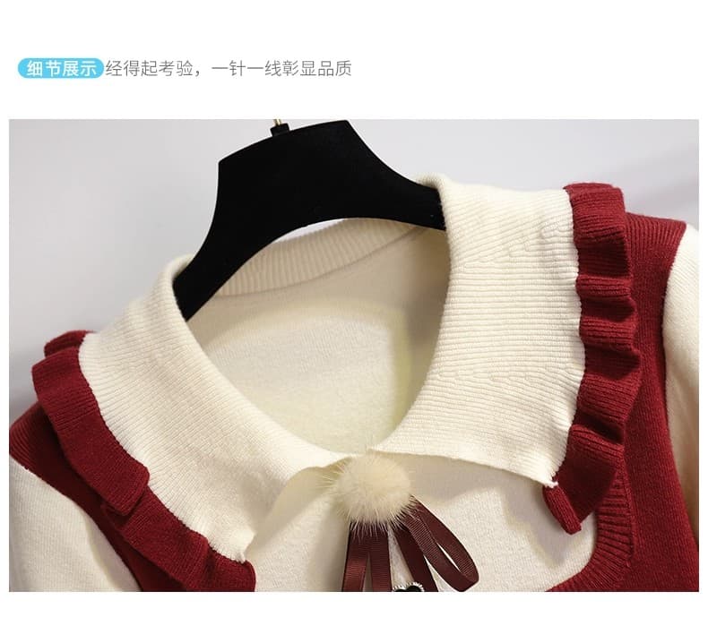 빨간색 니트 드레스 여성 겨울 새로운 소녀 학원 스타일 베이비 칼라 신년 로브 인사이드 가져 가라. 스웨터 드레스 상세 이미지 12