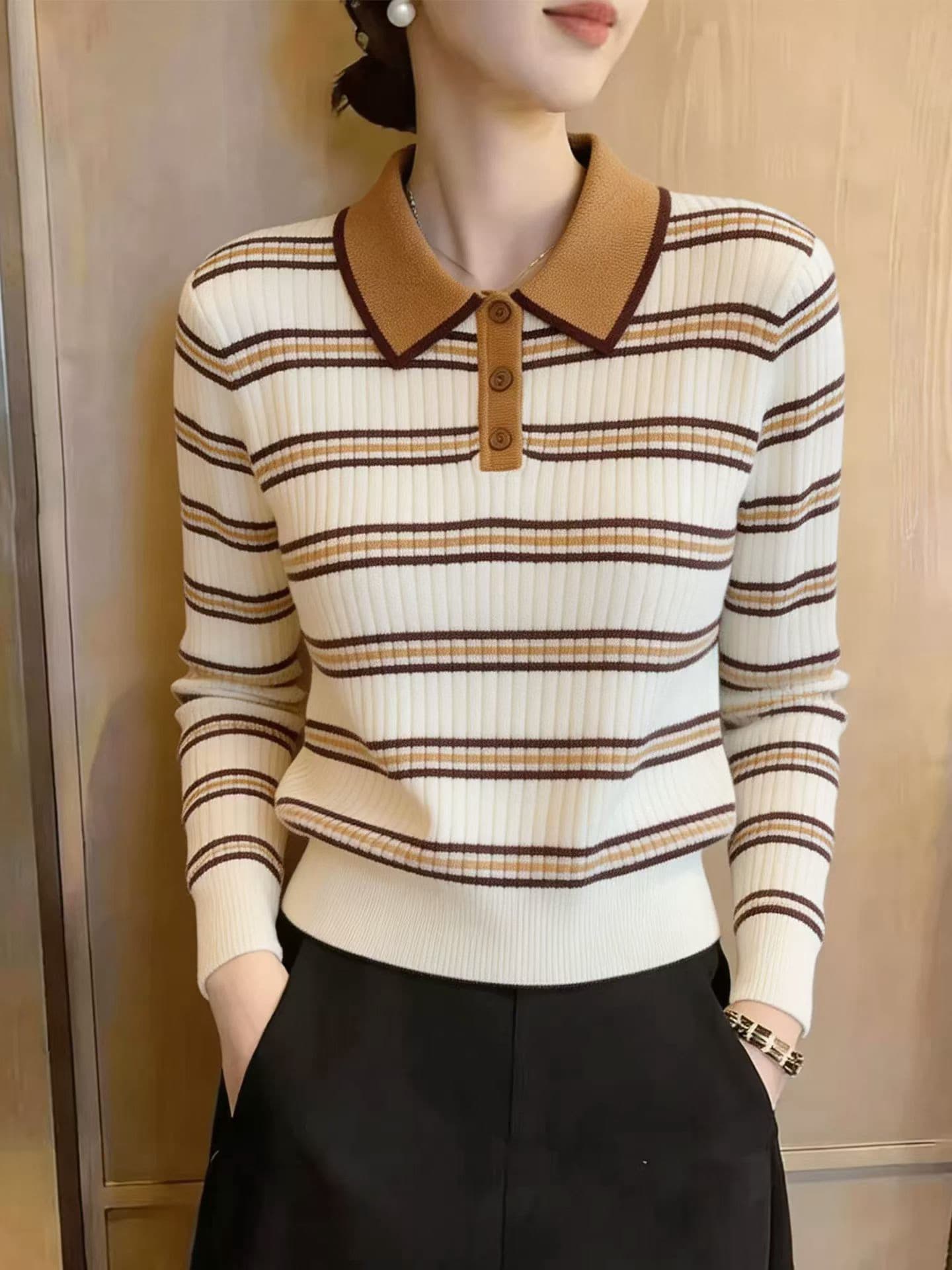 2026 이른 가을 새로운 레트로 배색 스트라이프 POLO 칼라 긴팔 니트 스웨터 여성 출퇴근 다용도 슬림해 보이는 맨위 여성 상세 이미지 5