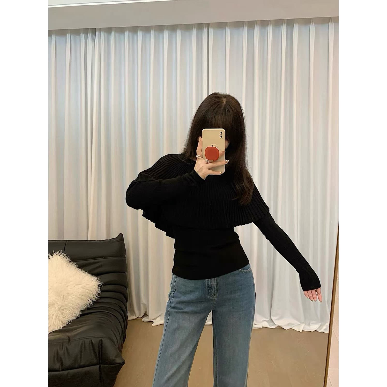 한 부서 부드러운 바람 망토 칼라 두 조각 여성 세트 겨울 디자인 센스 작은 대중 쇼트 스타일 스웨터 두꺼운 보온 니트 스웨터 이미지 5