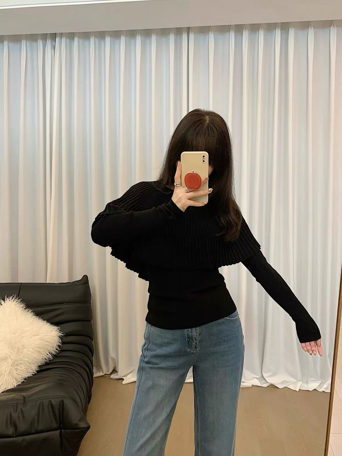 한 부서 부드러운 바람 망토 칼라 두 조각 여성 세트 겨울 디자인 센스 작은 대중 쇼트 스타일 스웨터 두꺼운 보온 니트 스웨터 상세 이미지 5