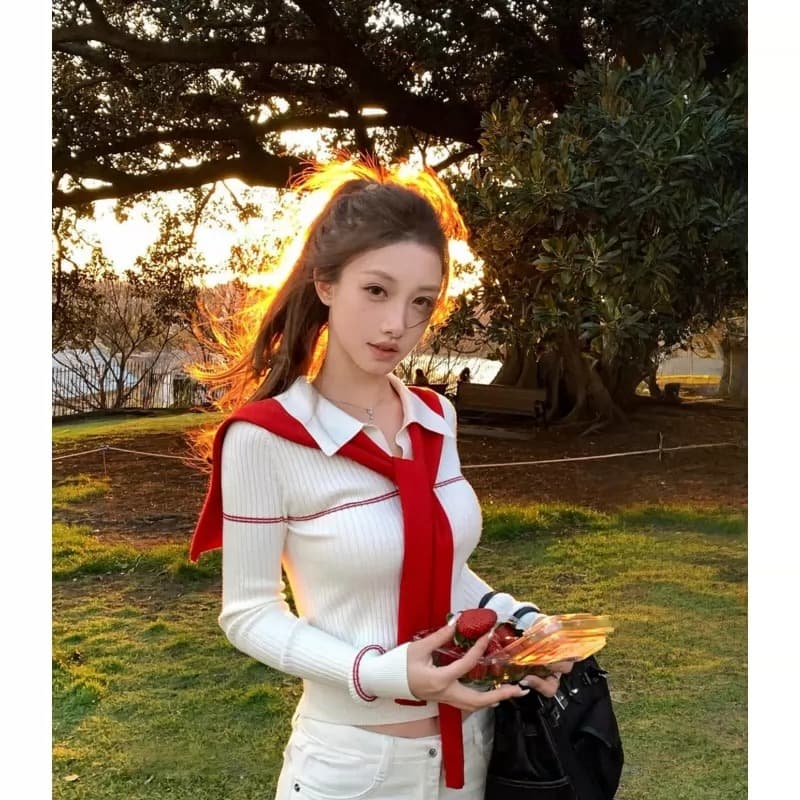 프랑스식 화이트 POLO 칼라 숄 니트 스웨터 여성 가을 순수한 욕망 바람 품격 몸매 가꾸기 슬림해 보이는 타이트 긴팔 맨위
