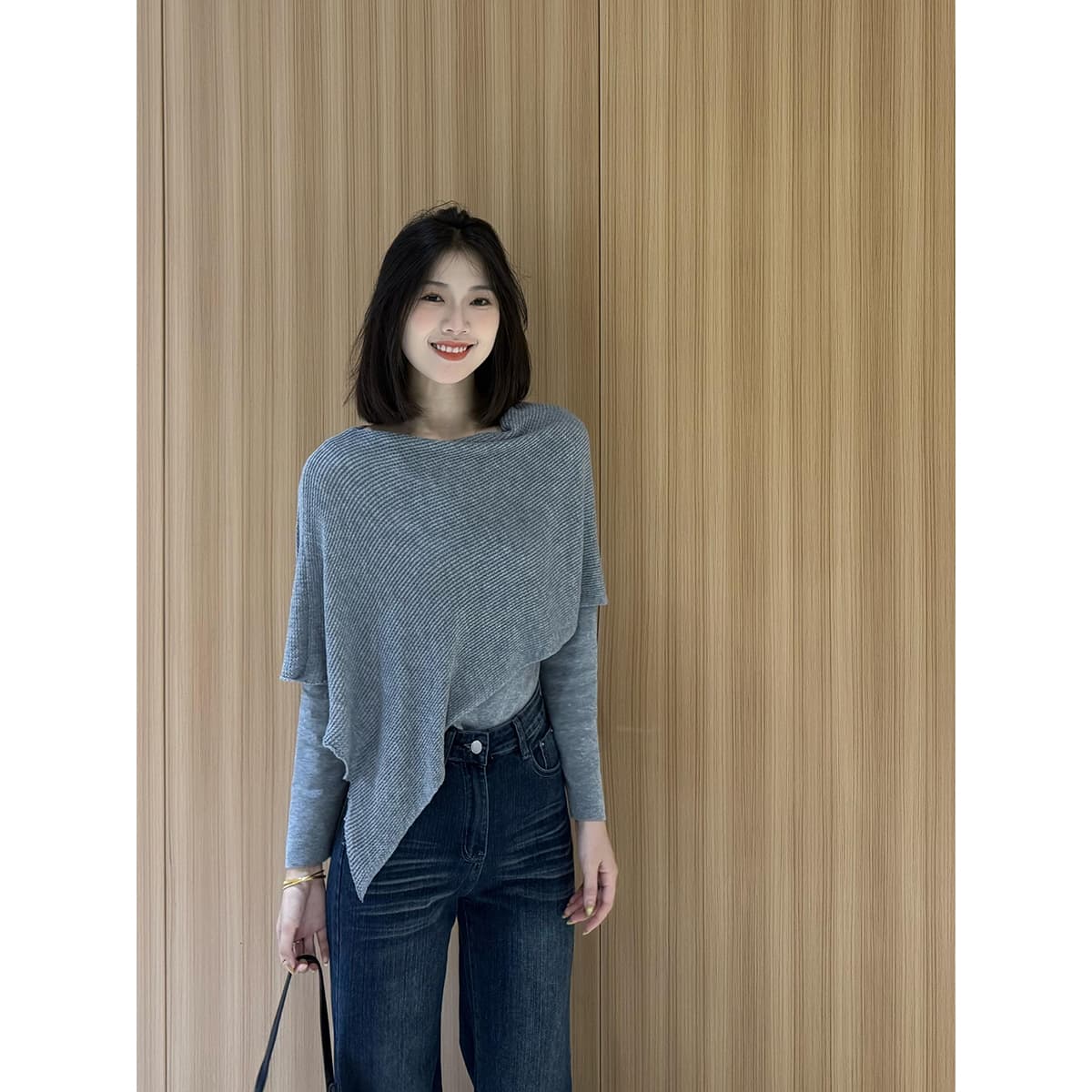 있음 도착 축복 복숭아 추천 이른 가을 새로운 불규칙 페이크 레이어드 슬림해 보이는 품격 긴팔 니트 맨위 상세 이미지 1