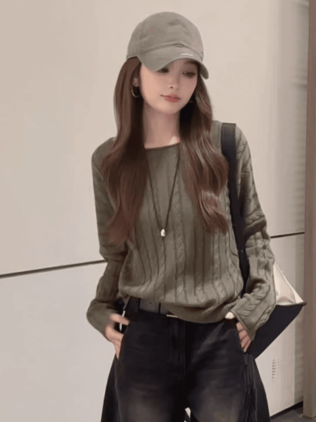 새로운 레트로 외국 가스 루즈핏 느긋한 센스 녹색 꽈배기 스웨터 이미지 2