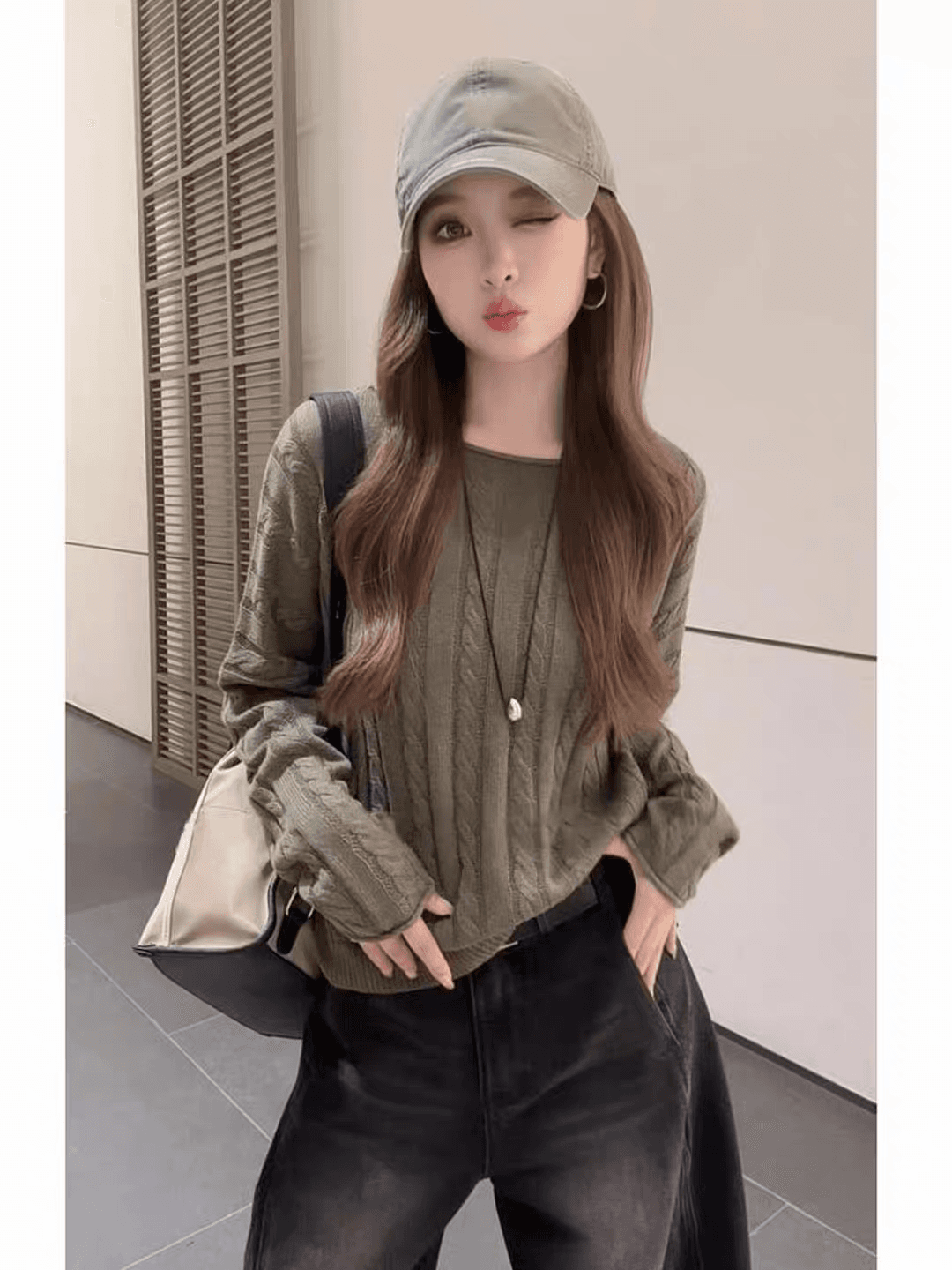 새로운 레트로 외국 가스 루즈핏 느긋한 센스 녹색 꽈배기 스웨터 상세 이미지 3
