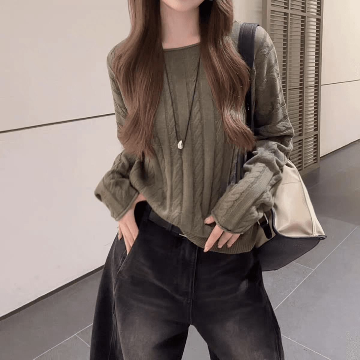 새로운 레트로 외국 가스 루즈핏 느긋한 센스 녹색 꽈배기 스웨터 상세 이미지 8