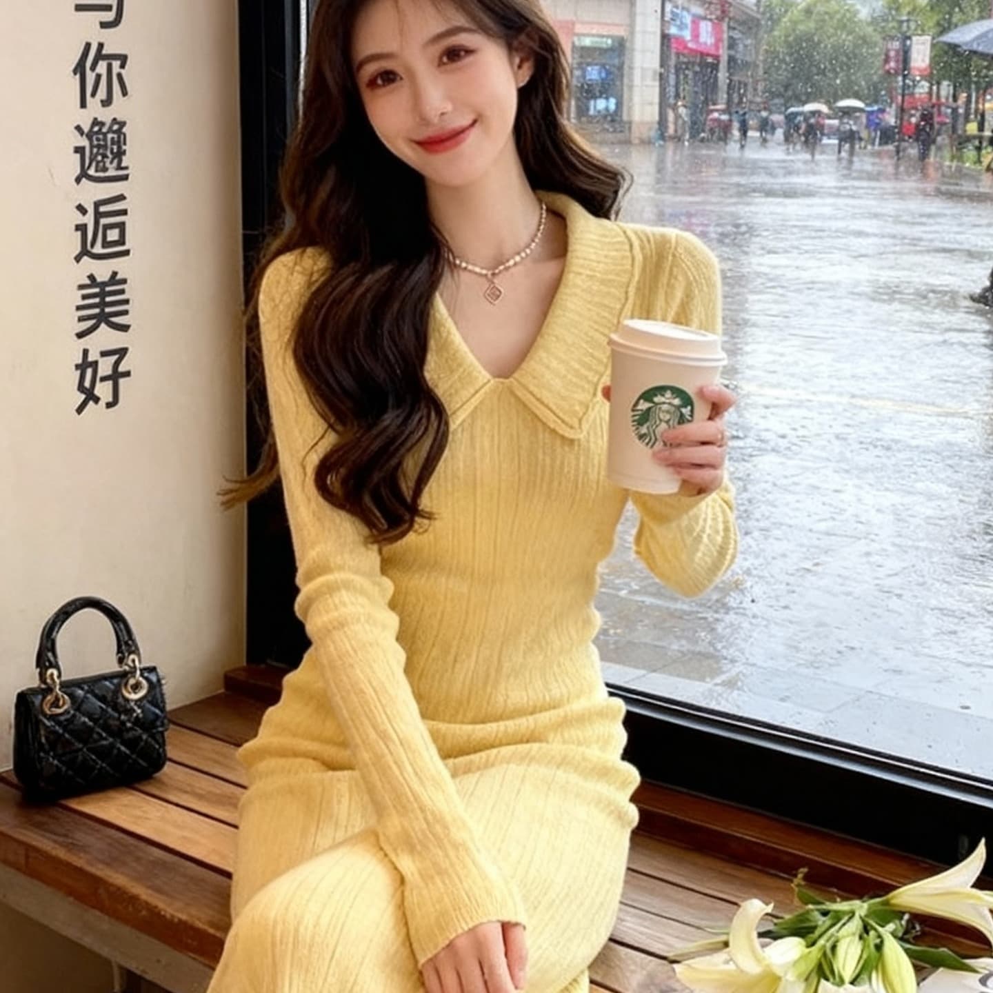 한국 품격 명문 여성 홍콩 스타일 레트로 작은 샤넬 스타일 polo 폴로 칼라 황색 니트 스웨터 드레스 가을 겨울 롱 스커트 이미지 6
