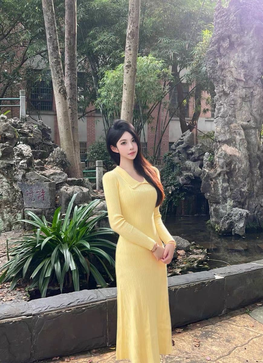 한국 품격 명문 여성 홍콩 스타일 레트로 작은 샤넬 스타일 polo 폴로 칼라 황색 니트 스웨터 드레스 가을 겨울 롱 스커트 상세 이미지 15