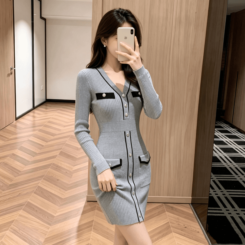 한국 품격 명문 여성 바 서울 남자 홍콩 스타일 ol 작은 키 니트 스웨터 드레스 가을 겨울 작은 샤넬 스타일 타이트 스커트 상세 이미지 4