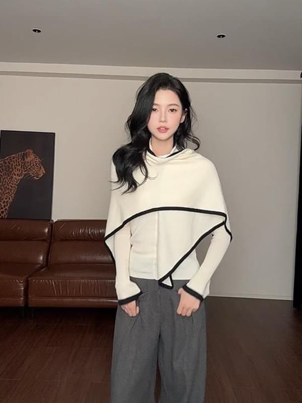 있음 도착 한 부서 품격 사실 두 조각 슬림해 보이는 긴팔 니트 스웨터 맨위 삼각형 숄 디자인 센스 세트 여성 상세 이미지 6