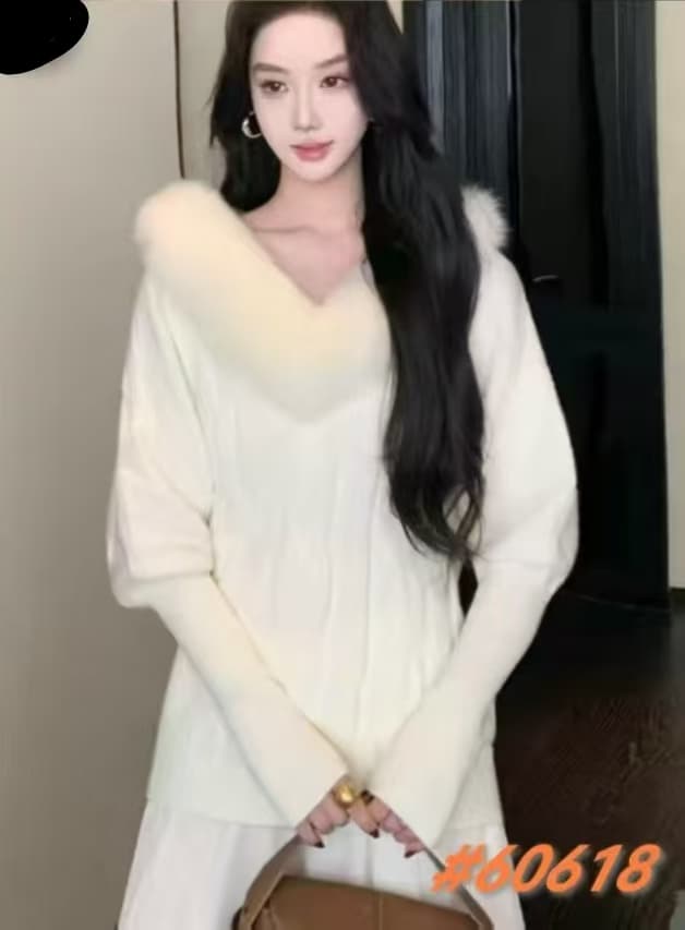 회색 모피 V넥 풀오버 배트윙 소매 스웨터 여자 가을 겨울철 인사이드 가져 가라. 느긋한 품격 루즈핏 니트 스웨터 맨위 상세 이미지 4
