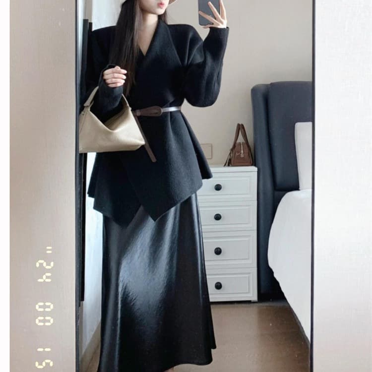 고급 그는 벤 바람 세트 여성 새로운 새틴 반신 스커트 전체 집합 ootd 착용 가져 가라. 품격 폴로 칼라 검정색 재킷