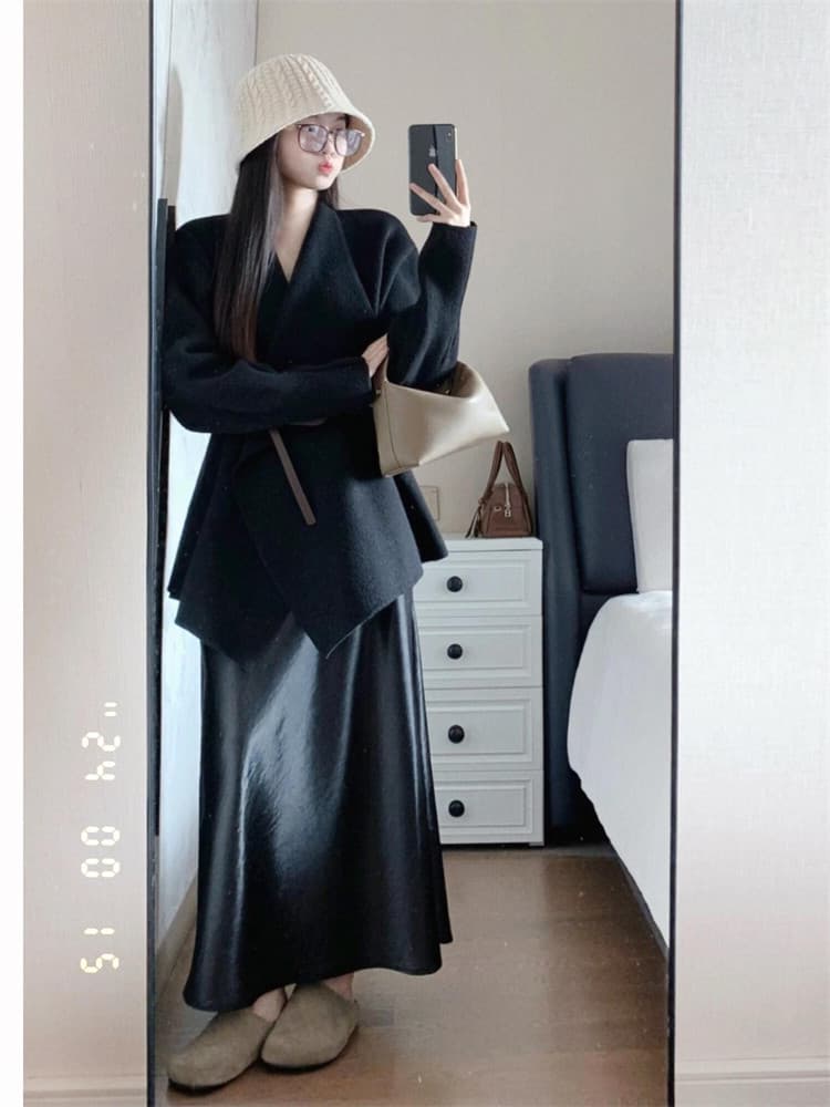 고급 그는 벤 바람 세트 여성 새로운 새틴 반신 스커트 전체 집합 ootd 착용 가져 가라. 품격 폴로 칼라 검정색 재킷 상세 이미지 3