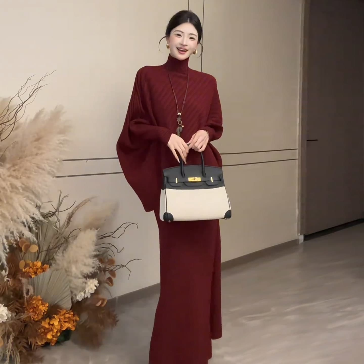 느긋한 바람 패션 세트 드레스 여성 겨울 새로운 배트윙 소매 외국 가스 터틀넥 스웨터 슬림해 보이는 반신 스커트 투피스 세트 이미지 3