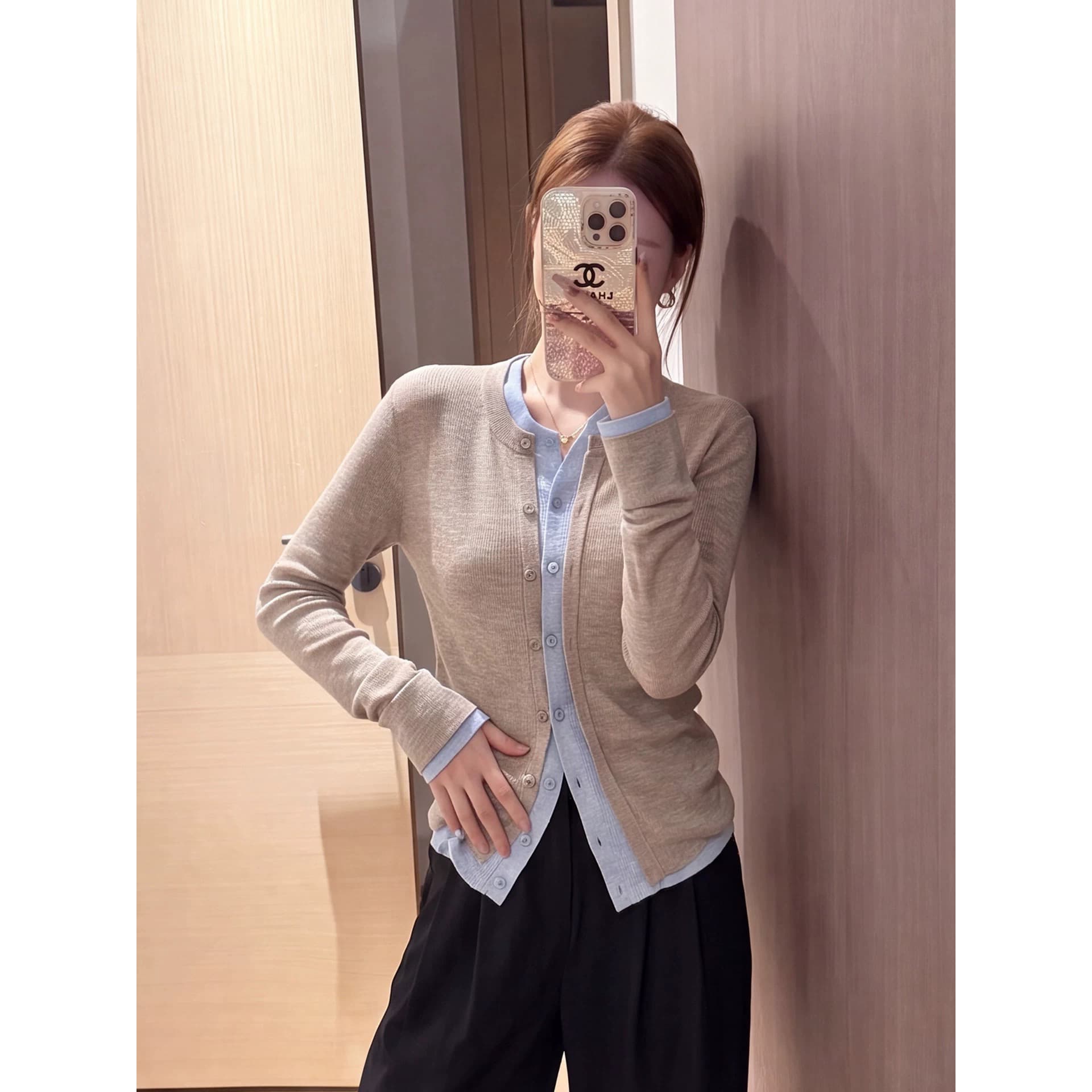 있음 도착 이른 가을 부서 계층의 감각 몸매 가꾸기 맨위 여성 페이크 레이어드 패치워크 색상 양모 니트 오픈 가디건 상세 이미지 8