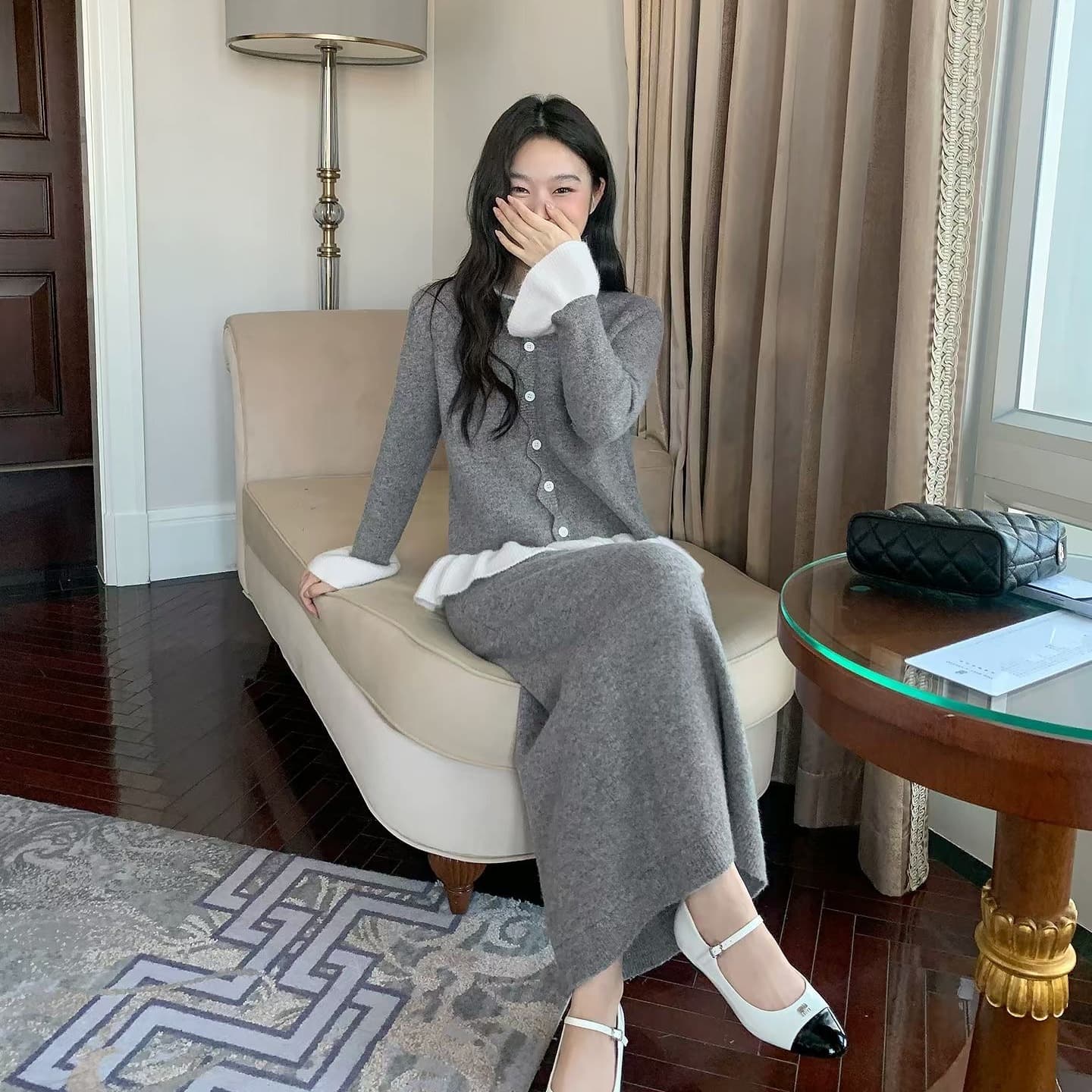 한 부서 회색 레이스 레이스 밑단 니트 긴 소매 예쁜 스웨터 오픈 가디건 가을 두꺼운 맨위 여성 이미지 5