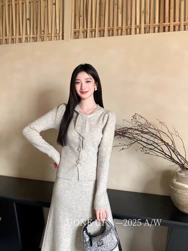 레트로 스웨터 반신 스커트 여성 가을 겨울 새로운 하이웨이스트 한 마디 우산 치마 세트 이미지 2